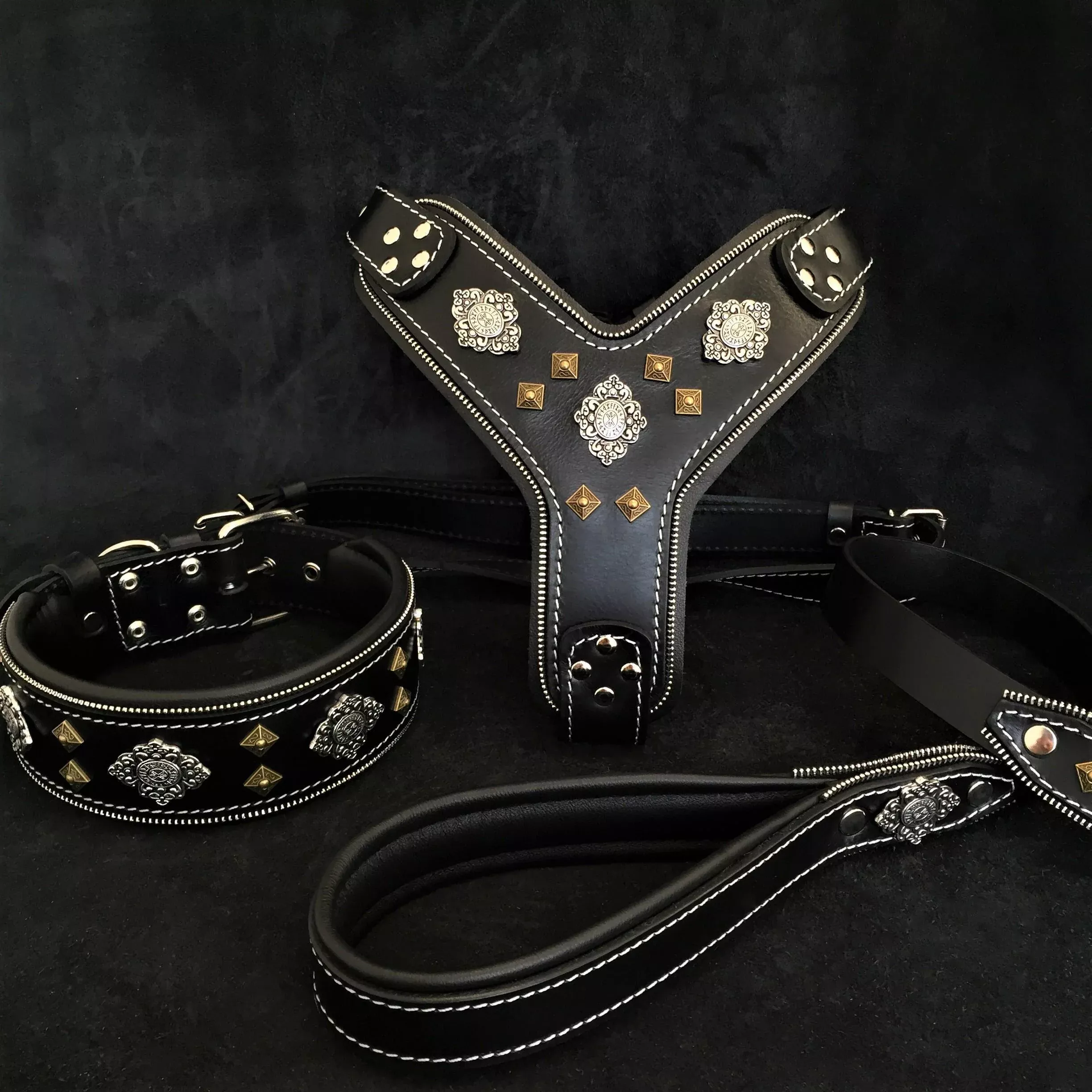aztec-big-dog-set-harness-collar-lead-black “AZTEC” BIG dog SET – Harness – collar – lead. Black