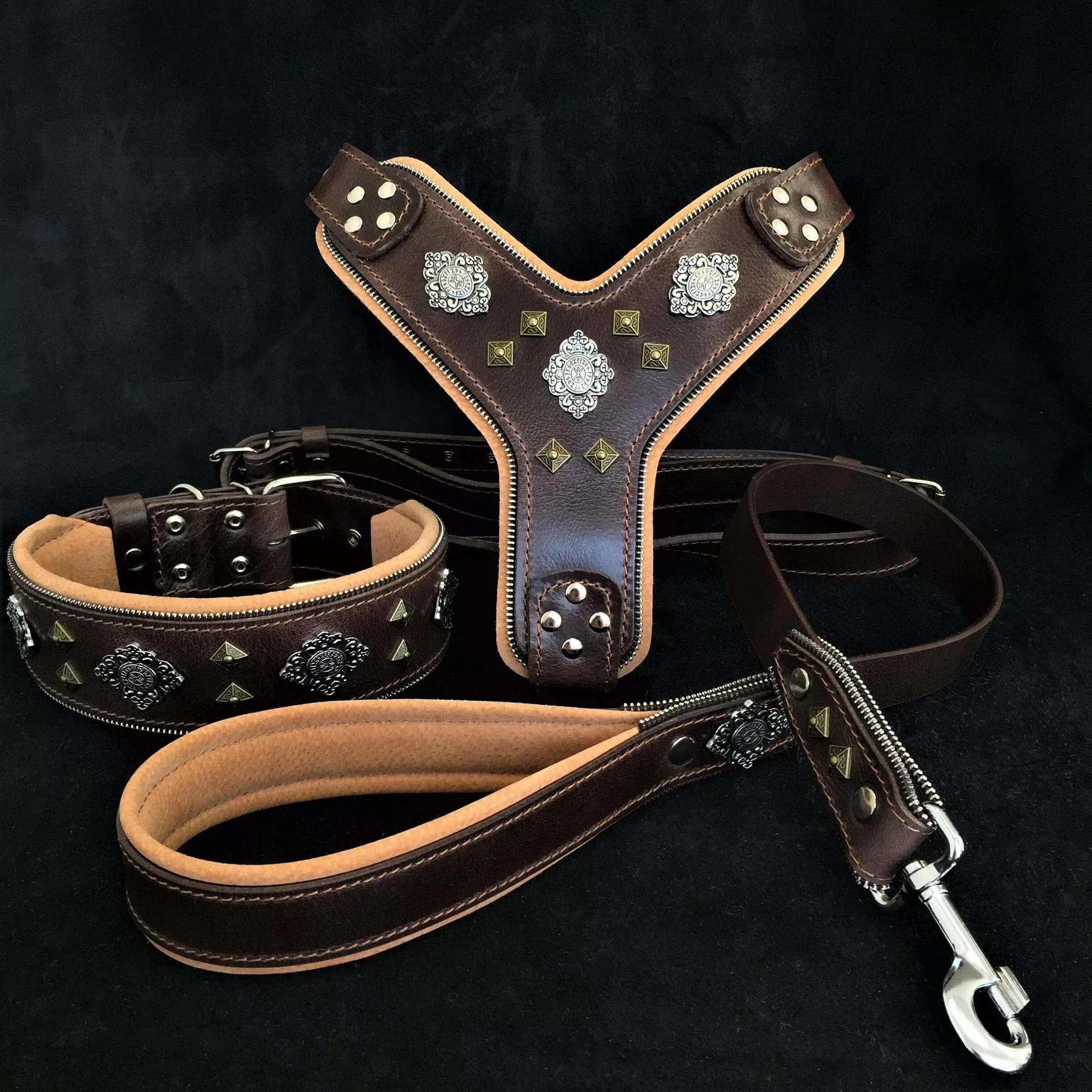 aztec-big-dog-set-harness-collar-lead-brown “AZTEC” BIG dog SET – Harness – collar – lead. Brown