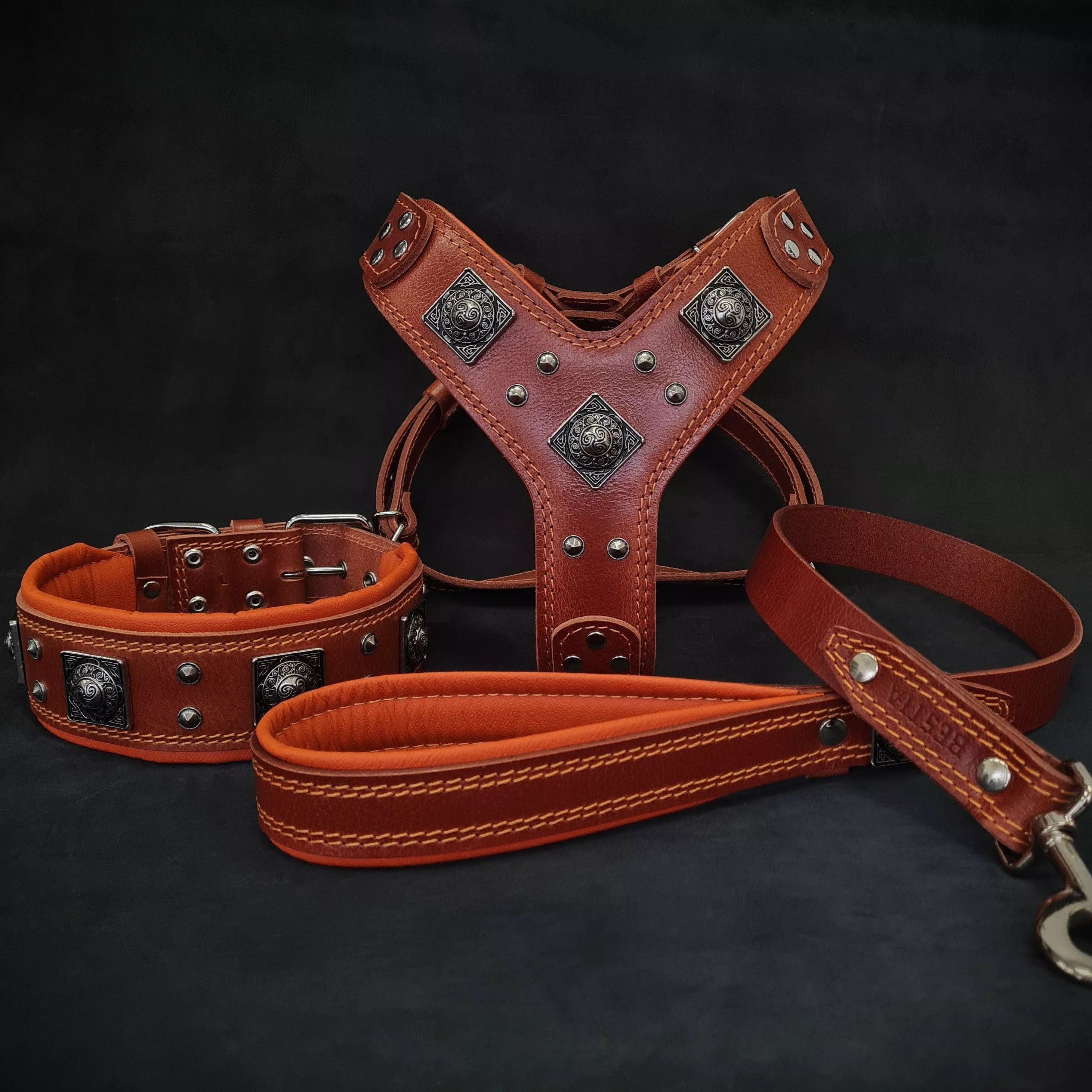 eros-big-dog-set-harness-collar-lead-brown-orange "EROS" BIG dog SET- Harness - collar - lead. Brown & Orange