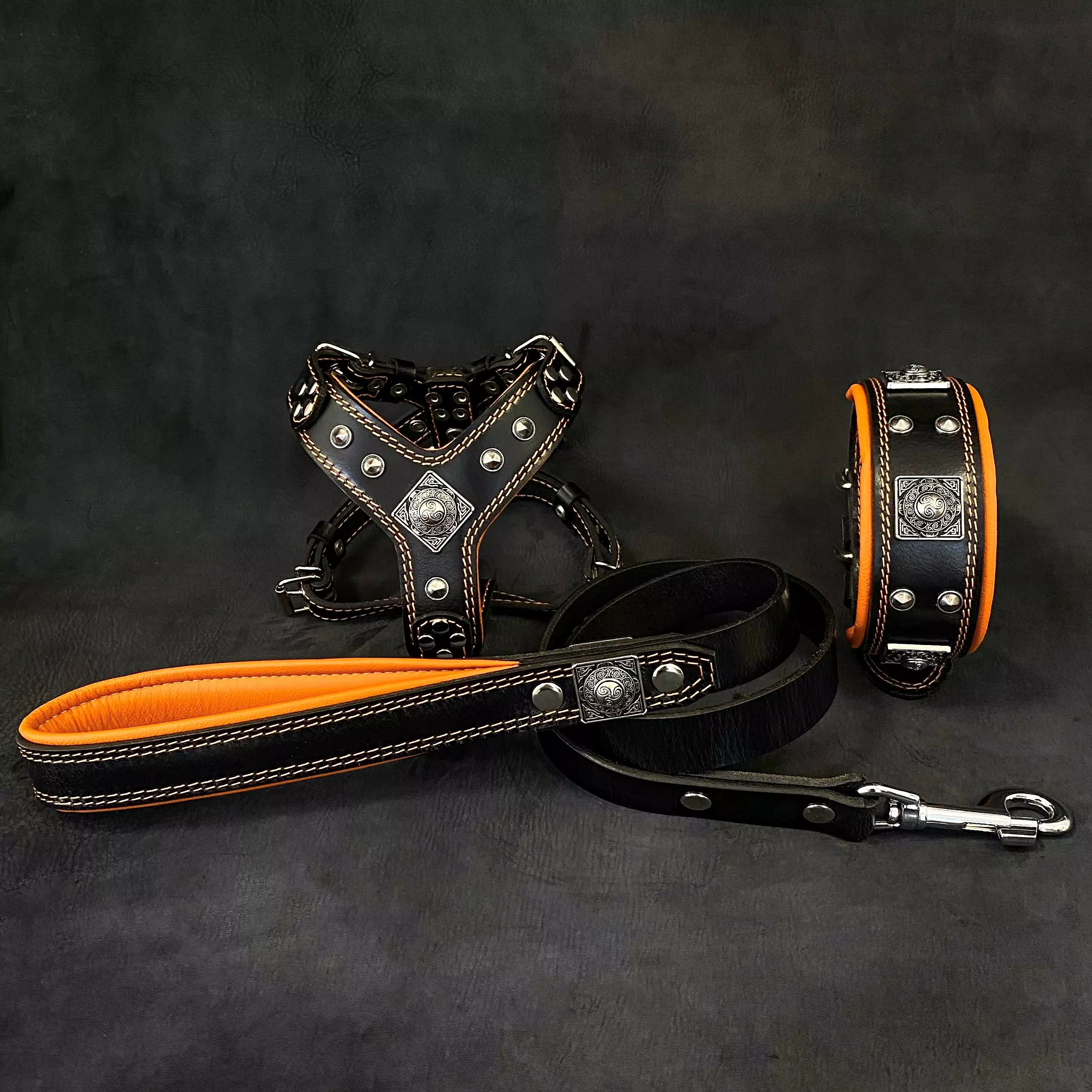 eros-small-to-medium-dog-set-harness-collar-lead-black-orange “EROS” Small to Medium dog SET – Harness – collar – lead Black&Orange